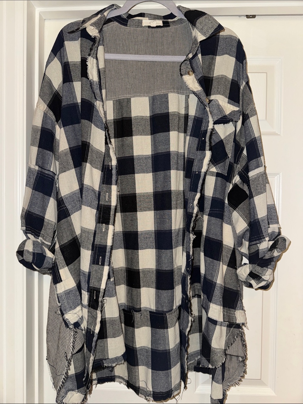 Navy Plaid Distressed Button-Down Shirt